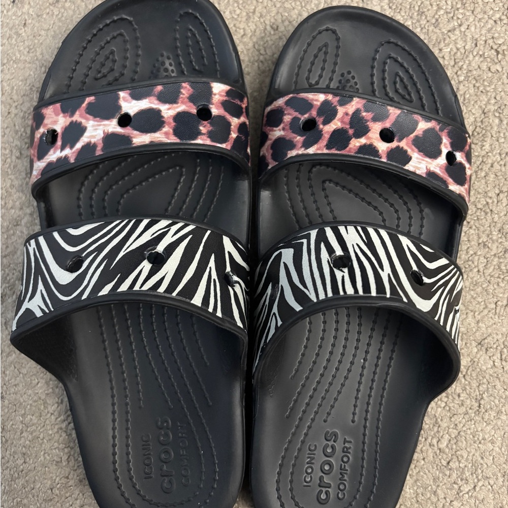 CROCS Black Zebra & Leopard Slides